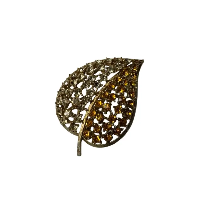 Vintage Signed Lisner Light Yellow & Amber Leaf Rhinestone Gold Tone Brooch