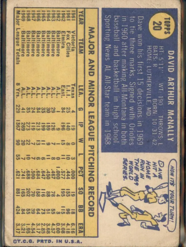 1970 Topps #20 Dave McNally - (pk3) - Baltimore Orioles