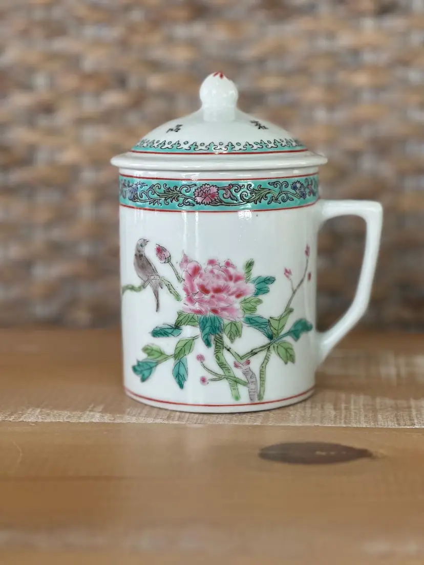 Vintage White Chinese Porcelain Famille Rose And Bird Lidded Cup