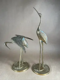 Vintage Set of 2 Solid Brass Cranes Herons Egrets Bird Figurine Animal Statues Decor with Natural Patina