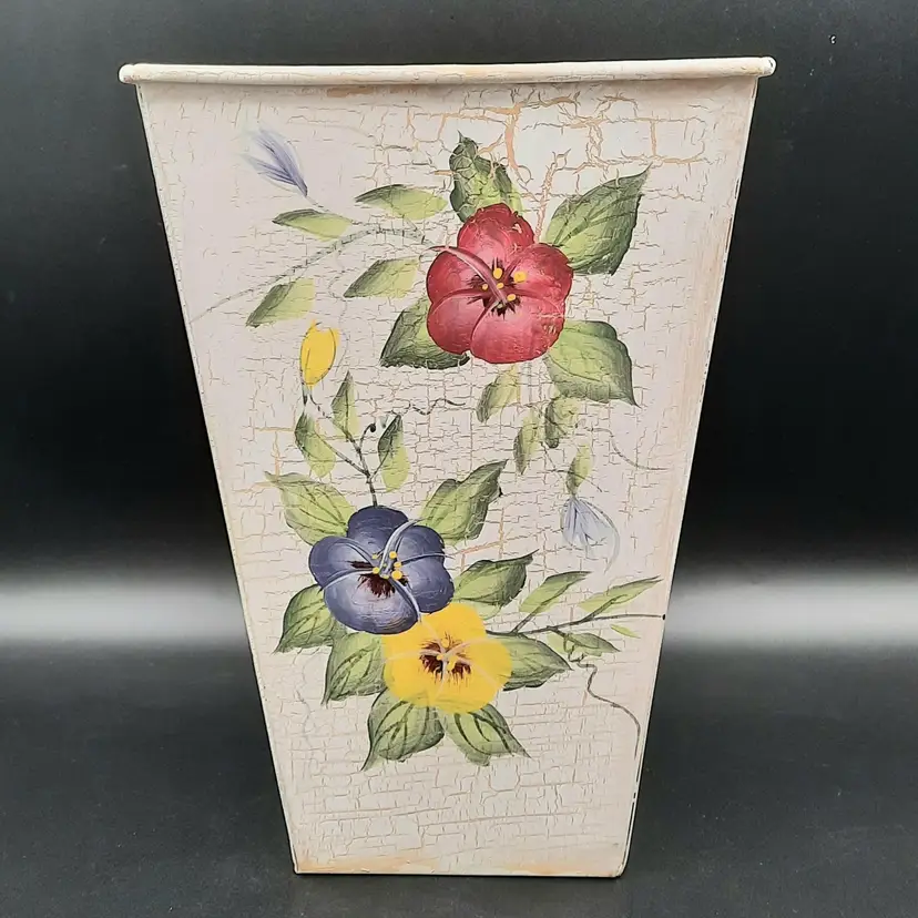 Vintage Handpainted Metal Floral Vase Planter