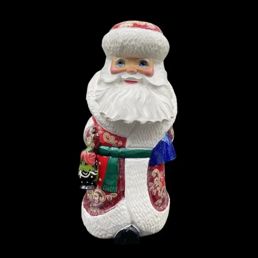 RUSSIAN HAND CARVED PAINTED WOOD SANTA CLAUS HOLDING DOLL CEPZUEB NOCAD