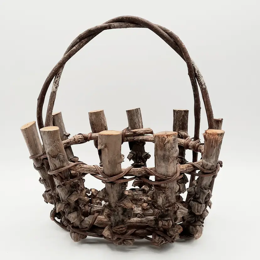 Primitive Rustic Adirondack Mushroom Foraging Basket Branch Twig