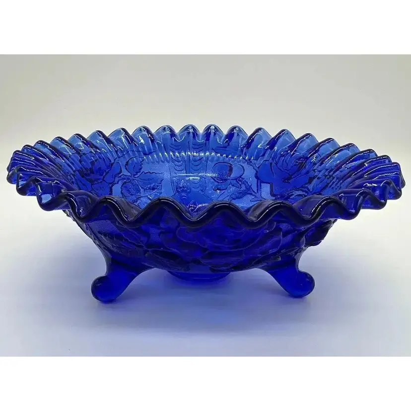 L E Smith Cobalt Blue Heritage Rose Crimped Edge 3 Footed Bowl Candy Dish