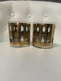 Vintage MCM CULVER Ltd Antiqua 22K Rocks Whisky Glasses Gold & Green Breweriana