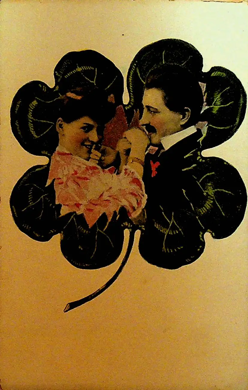 Couple in Four Leaf Clovers Joined Postcard