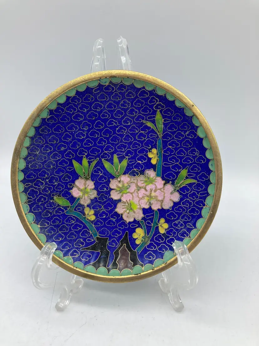 Vtg Chinese Cloisonne Round Pin Dish Cherry Tree Blossoms 4.25in