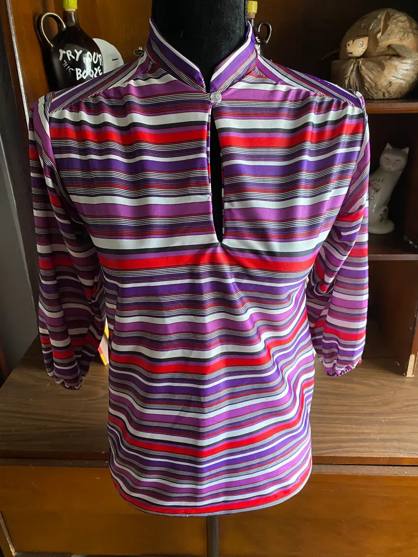 Vintage Lind Clare Quarter Sleeve Purple, White, Red, Black Stripe Polyester Blouse Small