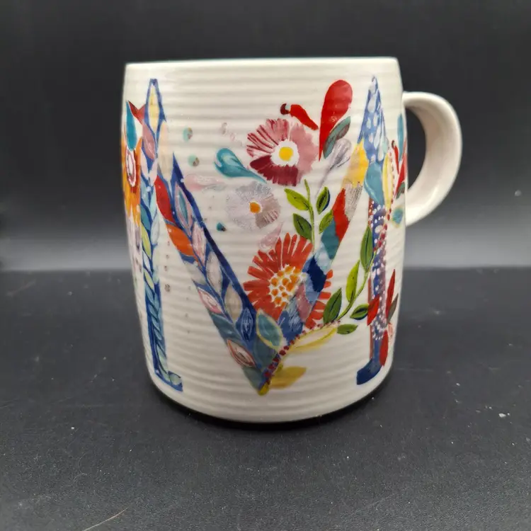 Anthropologie Monogram 'M' Mug With Vibrant Floral Design & Textured Finish