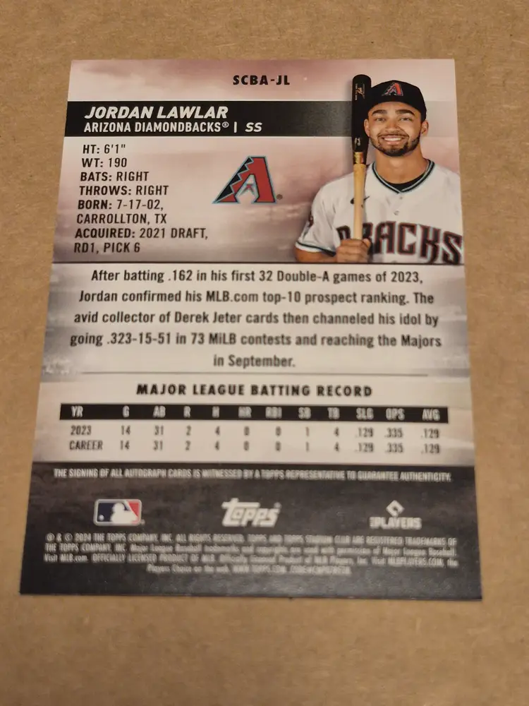 Jordan Lawlar (RC) 2024 Topps Stadium Club #SCBA-JL On Card Auto