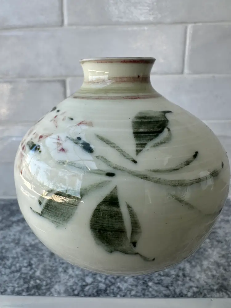 Signed Studio Pottery Bud Vase Mini Vase Green and Cream Floral Glaze 6" Round 3" Tall