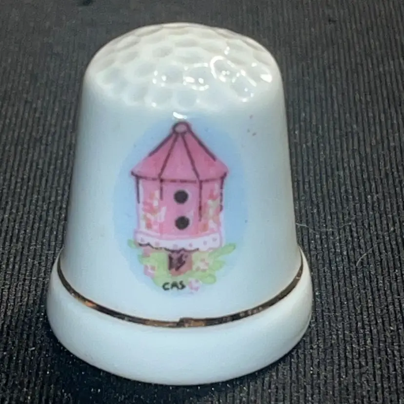 Bone China Thimble With Pink Birdhouse