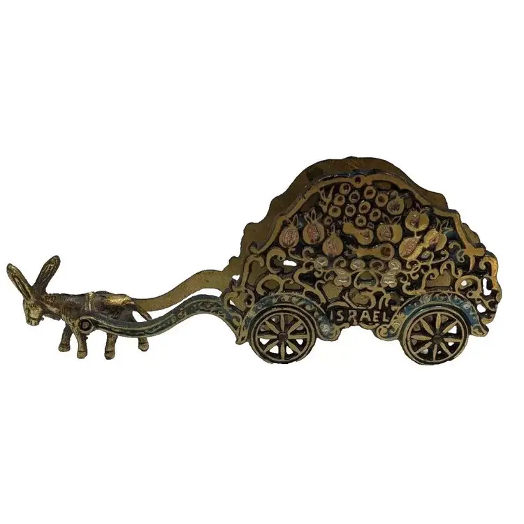 Vintage Brass Donkey and Cart Figurine from Israel Napkin'/Letter Holder