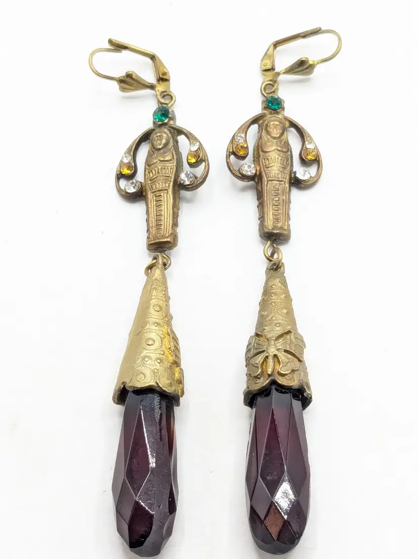 Vintage Art Deco Egyptian Revival Czech Glass Dangle Earrings
