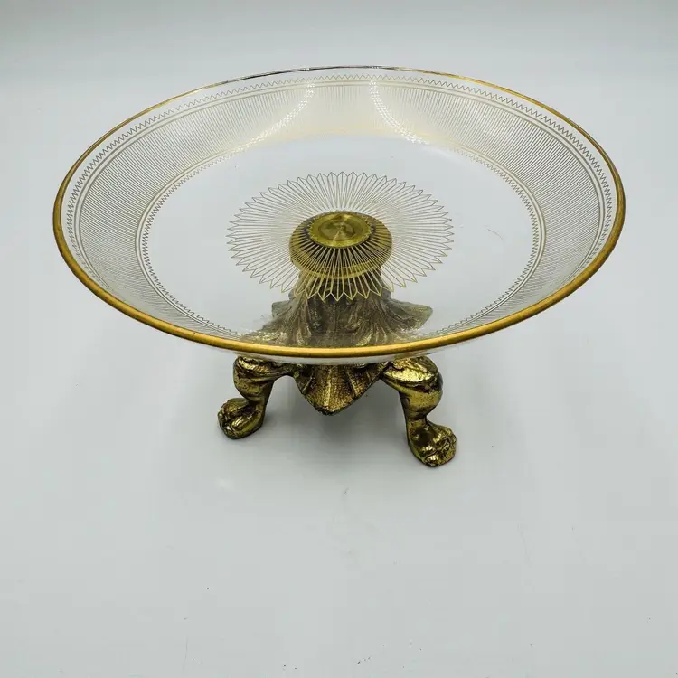 Hollywood Regency Footed Brass Glass Dish Compote Gilded Vintage