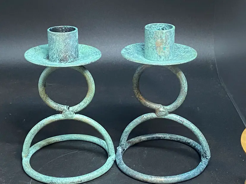 Iron Candle Holders with Green Verdigris Finish, Qty: 2