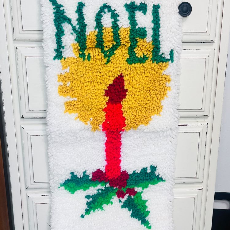 1970s Noel Candle -  Latch Hook Wall Hanging - Handmade Christmas Decor