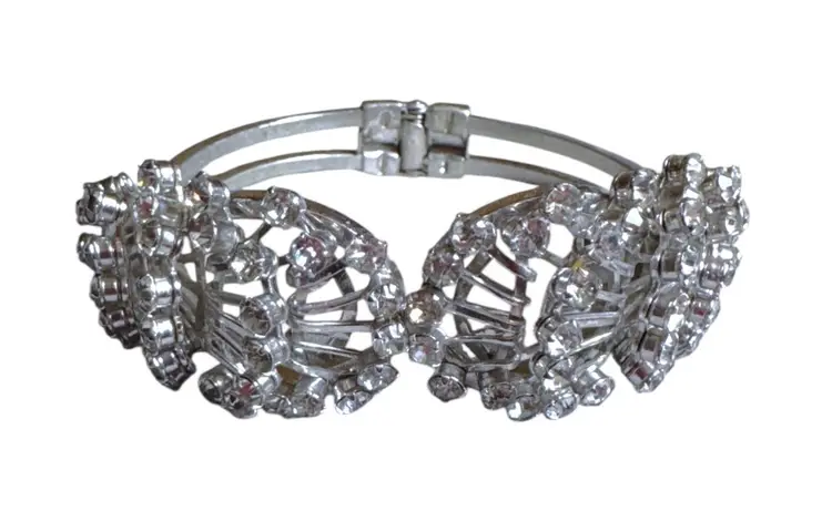 Vintage Clear Rhinestone Swedge Construction Clamper Bracelet MCM Circa 1960s