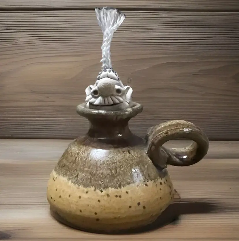 Beck Pottery Handcrafted Oil Lamp With Funny Face On Stopper