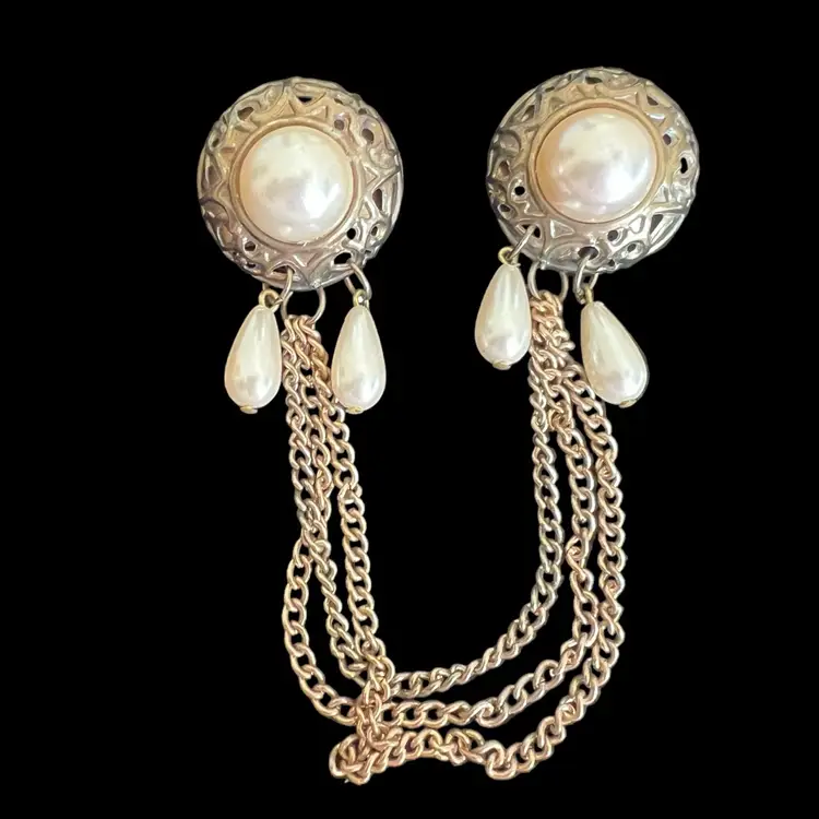 Double Chain Faux Pearl Drop Brooch #DA-19
