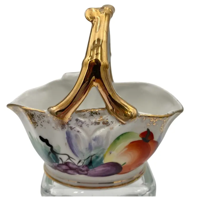 Vintage Ucagco (Japan) Hand-Painted Porcelain Basket with Fruit/Gold Gilt