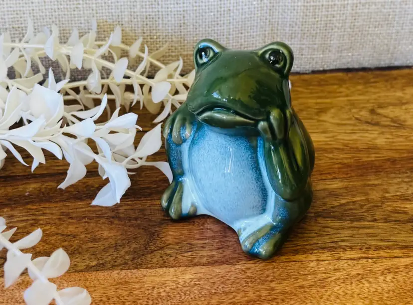 Vintage Frog Figurine Thinking and Sitting Green Glazed Ceramic Frog 4" T X 3" W