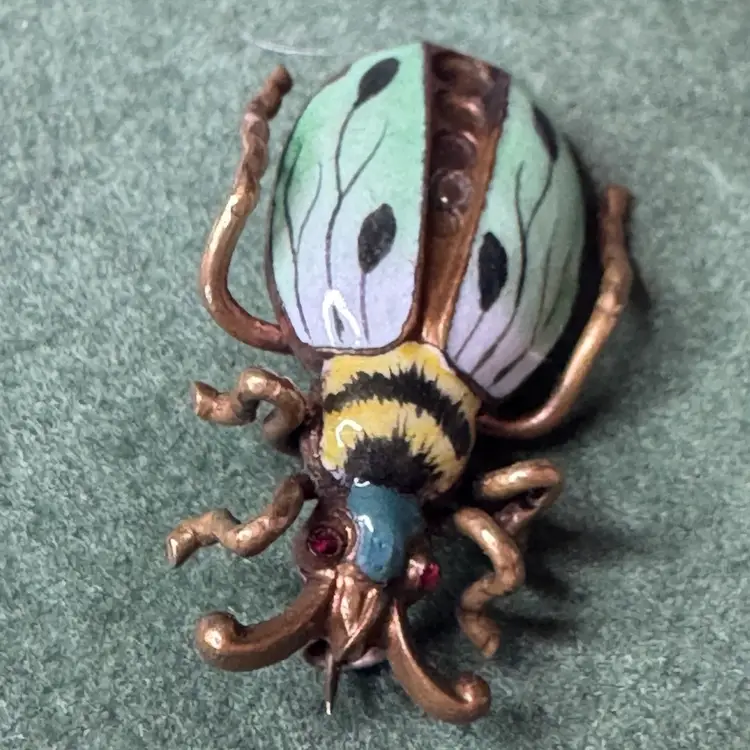 Art Nouveau Enamel Egyptian Beetle pin, gold tone plated brass, c-clip