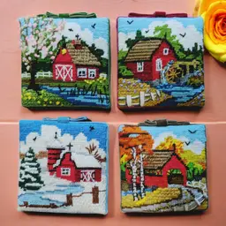 4 Vtg Needlepoint Crewel Four Seasons Spring Summer Fall Winter Completed OOAK