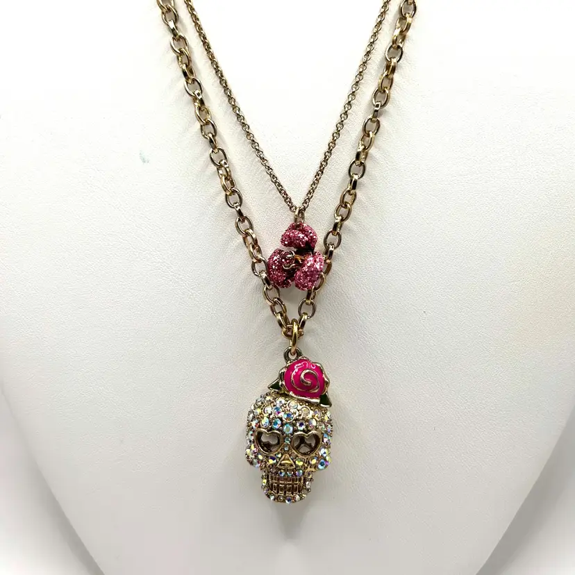 Signed Betsey Johnson Crystal Skull & Flower Necklace on 16” Gold Tone Chain