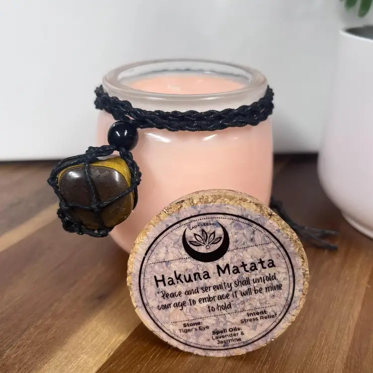 Spell Candle “Hakuna Matata” - Stress Relief Intent - Freesia, Jasmine, and Fig Scent - Blessed w/ Spell Oils - 30 Hrs