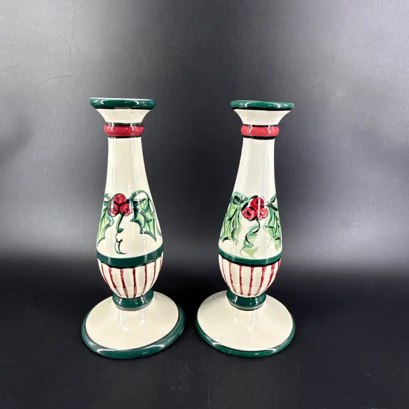 Vtg Gail Pittman Hollylujah Candlestick Pair Candle Holders Hand Painted 1995