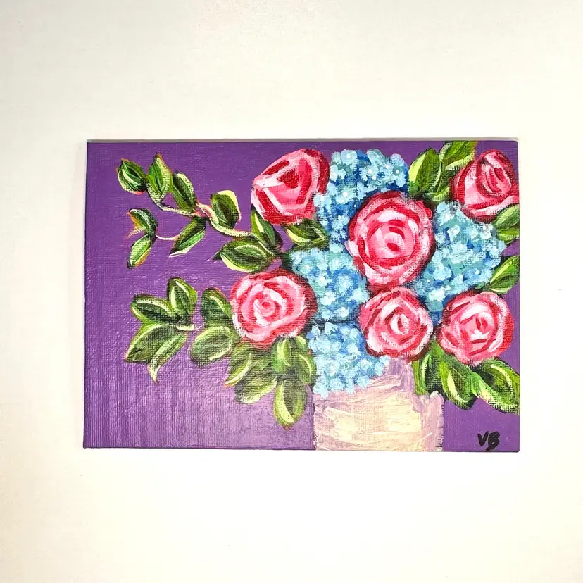 Original Artwork Floral Painting Acrylic On Canvas Board 5x7” Purple Background Made by Me