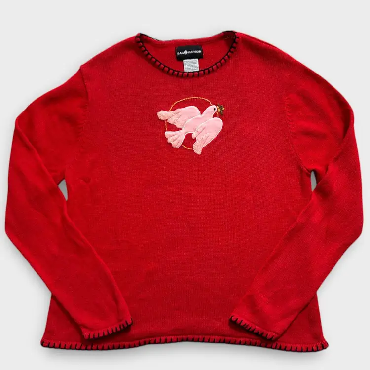 Vintage 90s Christmas Pullover Pink Dove Knit Sweater Embroidery Sag Harbor XL