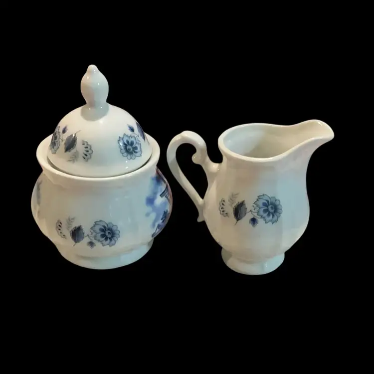 Vintage Delf Mini / Small Blue Style Ceramic Lidded Sugar Bowl & Creamer / Pitcher. In Beautiful Traditional Hand Painted Windmill And Floral Flowers. Signed Made In Holland. Ter Steege BV. Delf. Blauw. Hand decorated.