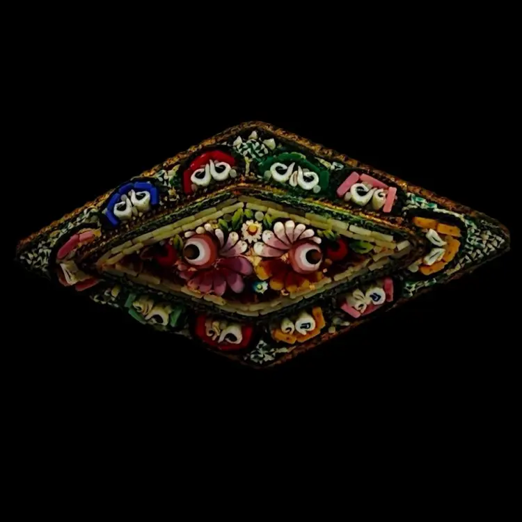 Antique Fine Micro Mosaic Diamond Brooch Floral Flower Garden Detail 1 1/4"