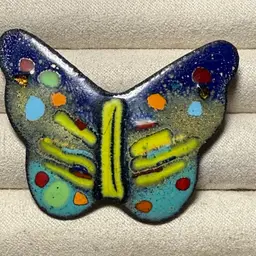 Modernist Butterfly Hand Painted Enamel On Copper Brooch Pin 2”