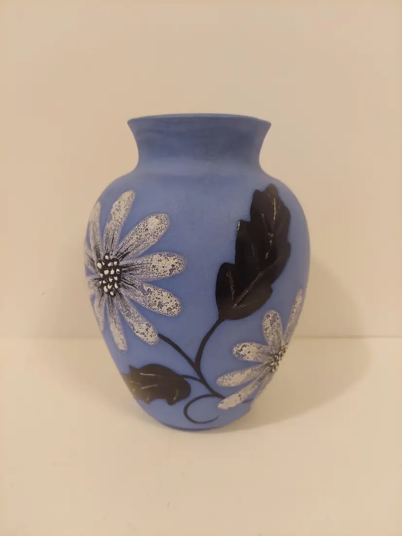 Matte Blue Pottery Vase With Handpainted Daisies Signed