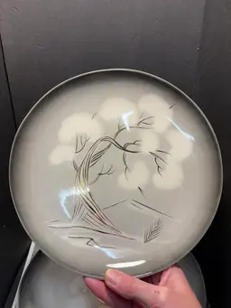 Vintage SASCHA Brastoff California SMOKE TREE (4) 10.25” Dinner Plates~and 4 Salad Plates Gray Gold &White