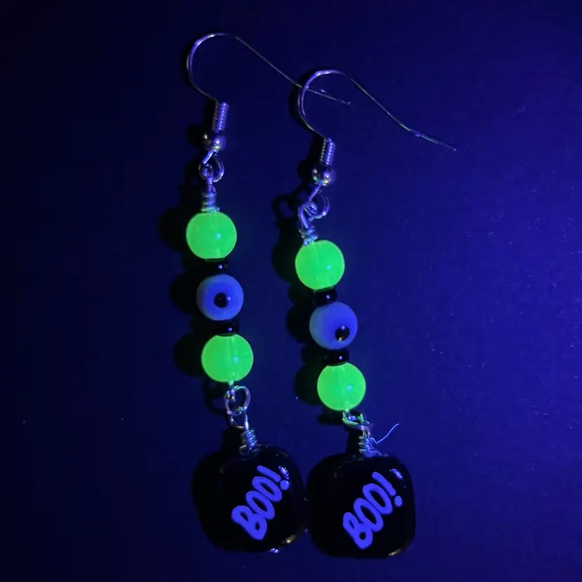 Handmade By Me- Halloween Boo! Glass Bead Dangle Earrings With UV Glass Glow Beads, Hand Drawn Glass Beads, Nickel Free