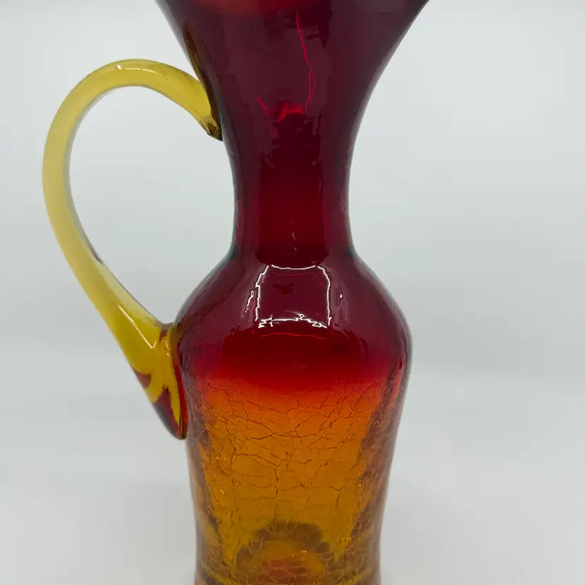 Vintage 10” Amberina Crackle Glass Blenko Ewer Pitcher Red To Yellow Glows