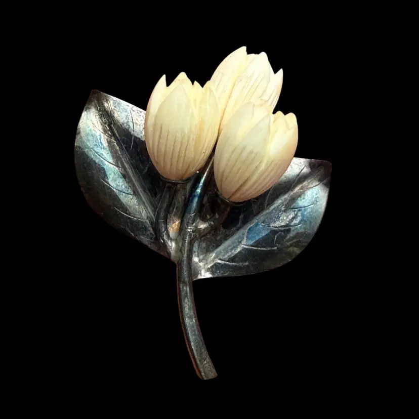 vintage Ming's Hawaii sterling silver and carved faux ivory (possibly bone) floral brooch