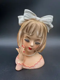 Vintage Lady Head Vase Inarco E-2005 Blonde Hair Large Bow Textured