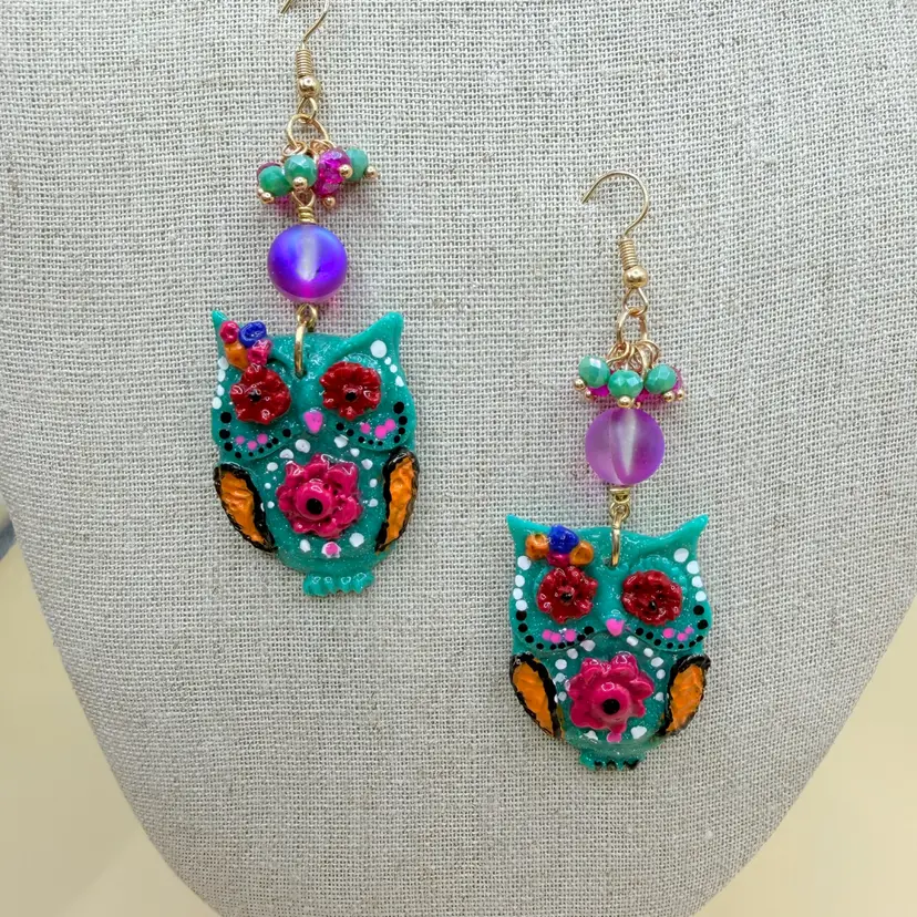 Art By Me- Polymer Clay Owl Drop Earrings 3” Drop