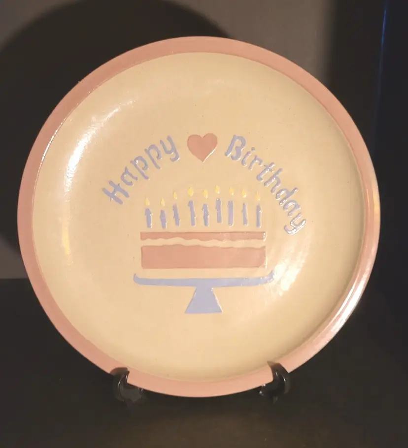 Happy Birthday Handmade Pottery Platter Plate 12” Signed 1989