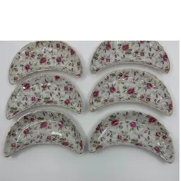 6 Vintage Lefton China Crescent Moon Pink Rose Chintz Bone Dishes Japan