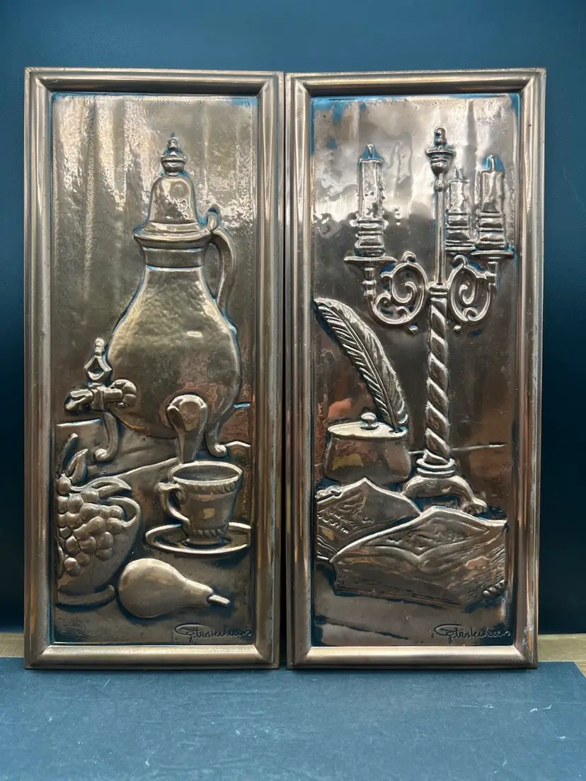 #635B 2 Vintage MCM Holland Copper Relief Repoussé Signed Wall Art
Table Scenes, One of a Coffee Pot, Cup and Fruit, One is a Candelabra, Book and Inkwell