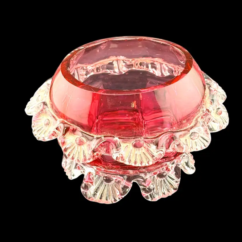 Vintage Victorian Style Cranberry Frilled Glass Salt Cellar 2.25” Tall x 3.25” Wide