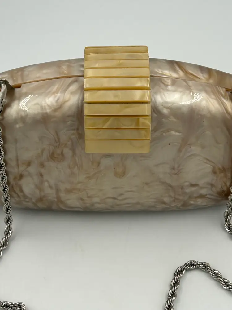 Vintage Women’s Evening Shoulder Or Clutch Purse , Acrylic Champagne, Egg Shaped