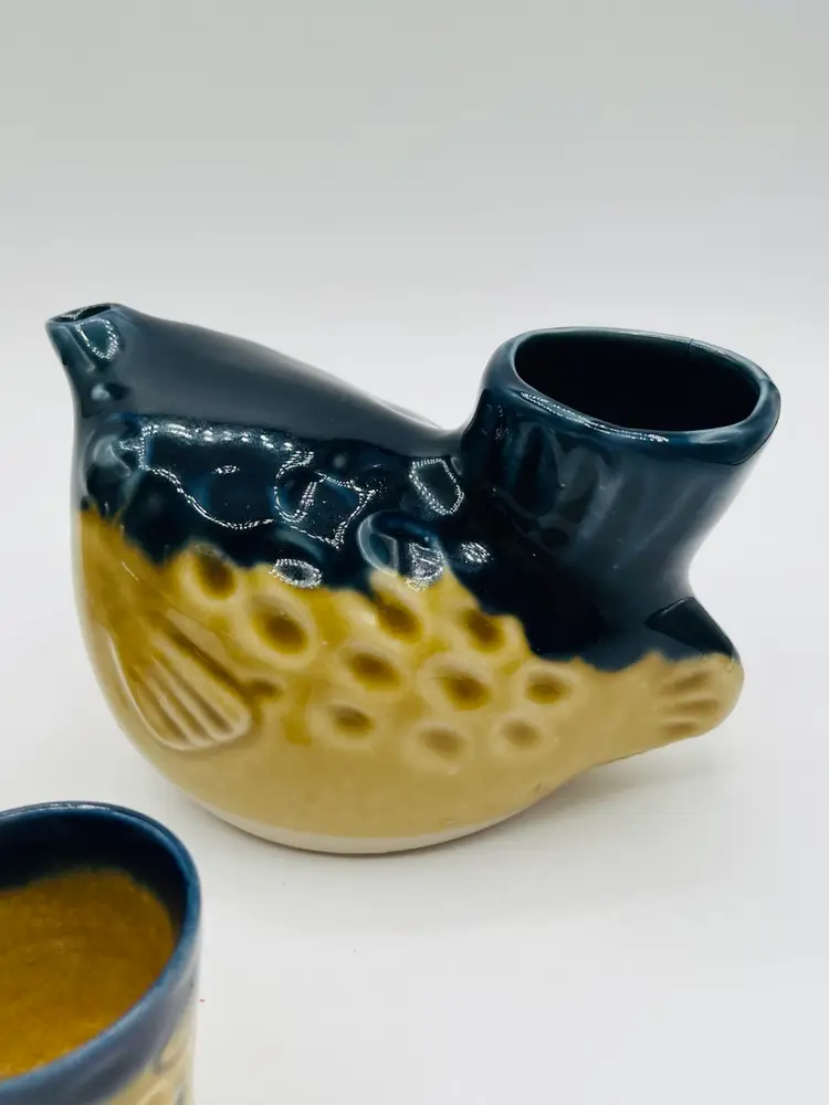 Japanese Sake Set 2 Pufferfish Bottles W/4 Cups Ceramic Glazed Pottery