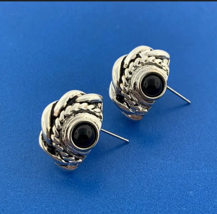 Sterling Silver 925 Black Onyx Rope Braid Cable Half Stud Earrings